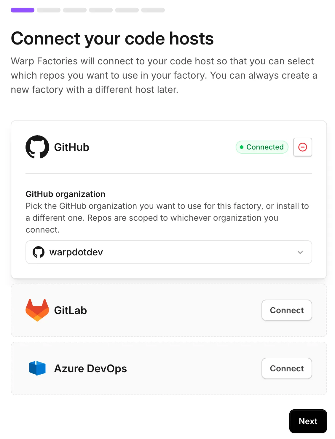 The Connect your code hosts screen with GitHub connected, a GitHub organization dropdown, and connection options for GitLab and Azure DevOps.