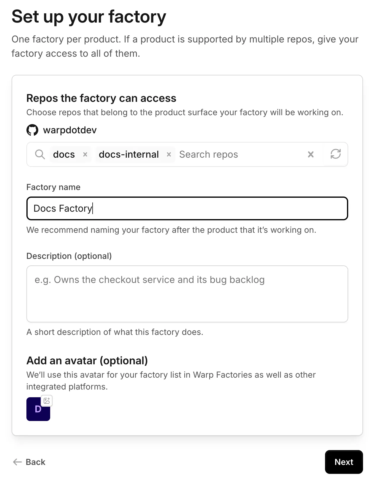Factory setup with Docs Factory entered as the factory name, an optional description field, an avatar, and the Next button.